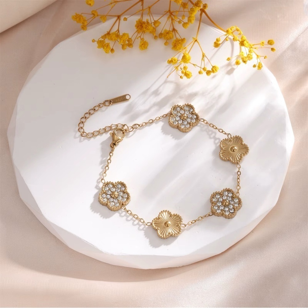 Gold-Toned Stainless Steel Gold & Stones Flower Motif Bracelet